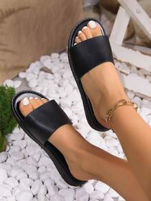New Summer Flat Sandals For Women In Larger Size, Featuring Comfortable Strap Design And Solid Color - Black - View 4
