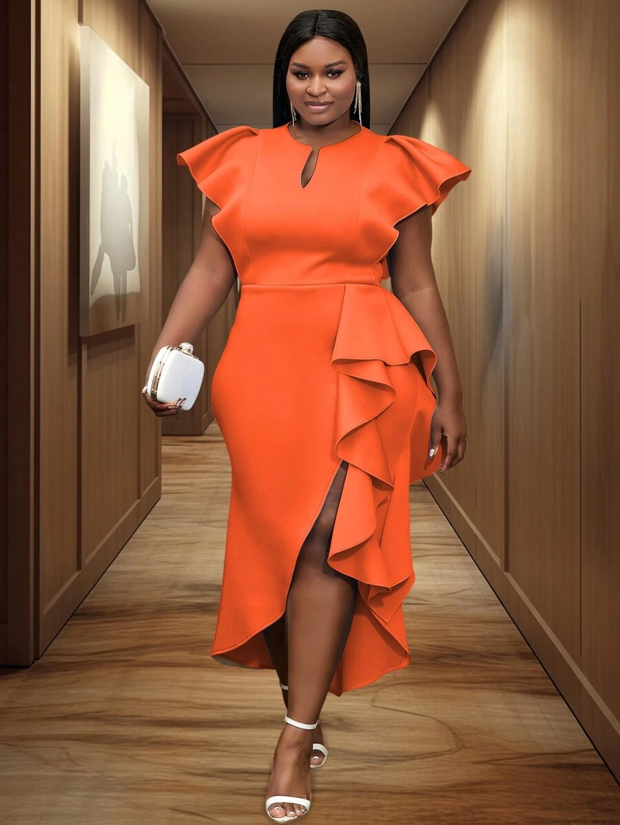 Plus Keyhole Neckline Butterfly Sleeve Ruffle Trim Split Thigh Dress - Orange - View 1
