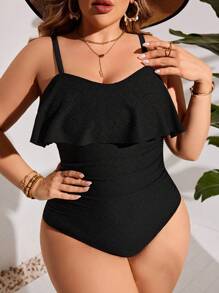 SHEIN Swim Curve 大尺碼純色連身泳衣婚禮 - 黑色 - 查看 1
