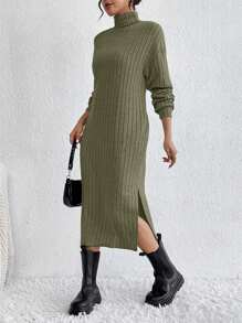 SHEIN Frenchy High Neck Long Sleeve Split Side Dress - Army Green - View 6