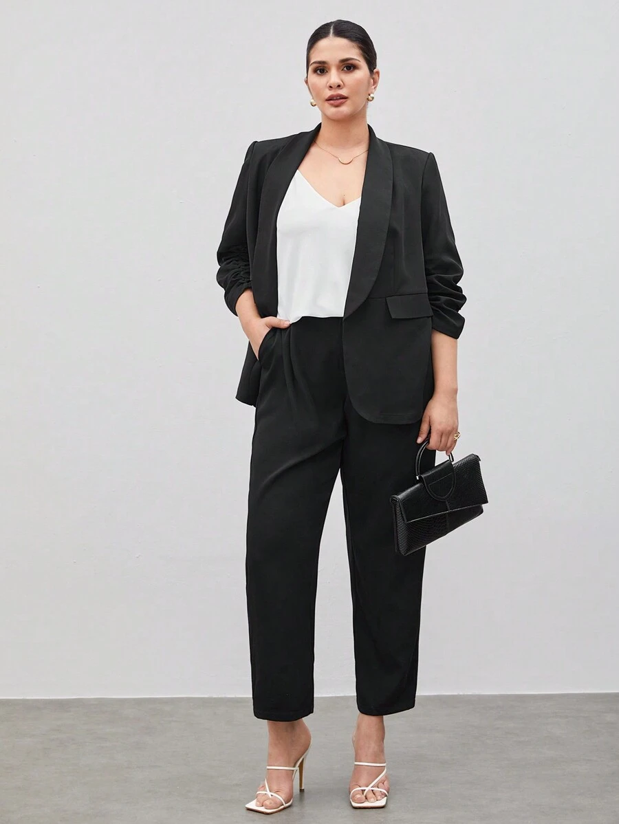 BizChic 秋冬女式加大码纯色披肩领前开襟西装外套 - 黑色 - 查看 1