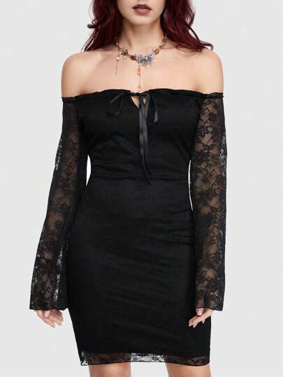 Fairycore Off Shoulder Sexy & Simple Lace Flare Sleeve Women's Dress For Date