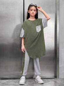 Cô gái Tween Lỏng lẻo Retro Áo chui đầu Dệt kim Vá lại Màu sắc Áo thun Và Quần Bộ - màu xanh lá - Xem 4