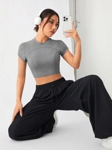 Yoga Basic 女士短袖露脐t恤 - 深灰色 - 查看 2