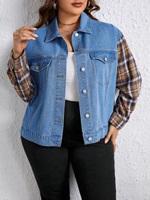 EMERY ROSE Chaqueta Vaquera Con Patchwork A Cuadros De Talla Grande - Lavado ligero - Ver 1