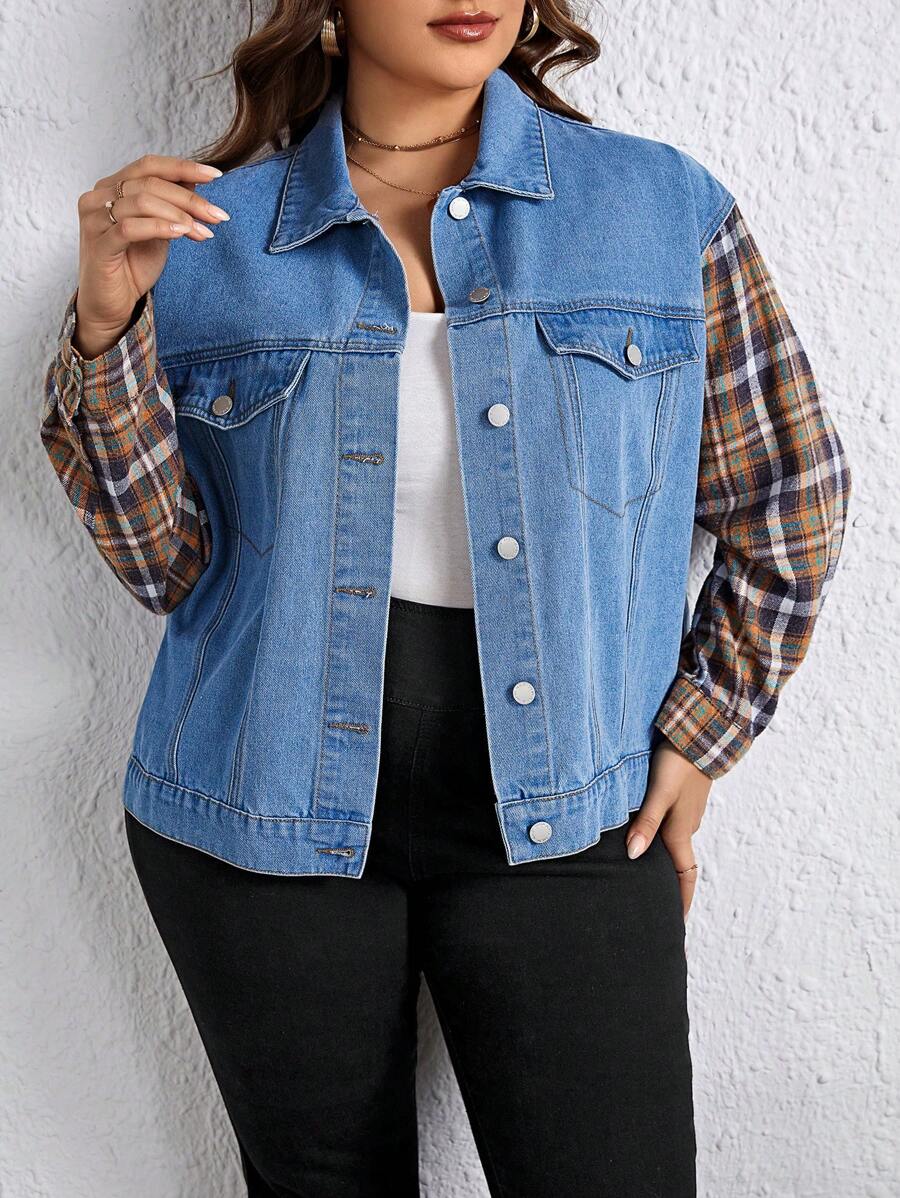 EMERY ROSE Chaqueta Vaquera Con Patchwork A Cuadros De Talla Grande - Lavado ligero - Ver 1