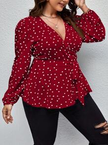 SHEIN Clasi 大尺碼女款心型印花圍裹式腰帶襯衫 - 酒紅色 - 查看 5