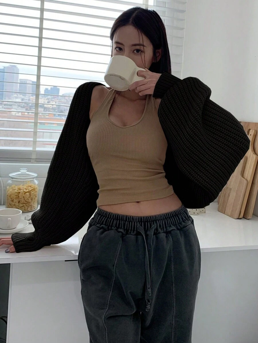DAZY 女式前开襟短款无袖开衫,女士深秋休闲常规款黑色纯色女式开衫,休闲日常装,长袖上衣 - 黑色 - 查看 1