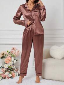 SHEIN Conjunto De Pijama Con Bloqueo De Color Y Detalles Contrastantes - Óxido marrón - Ver 3