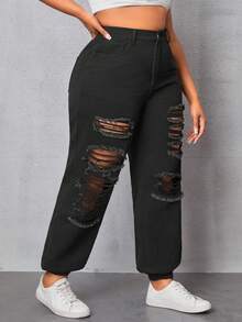 SHEIN Plus Size Solid Color Distressed Jeans - Black - View 4