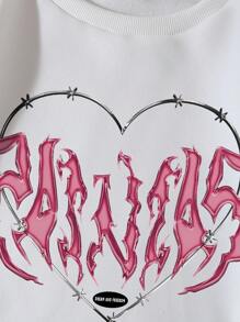 SHEIN EZwear Hơn Đồ họa trái tim và chữ cái Lót nhiệt Áo nỉ - trắng - Xem 5