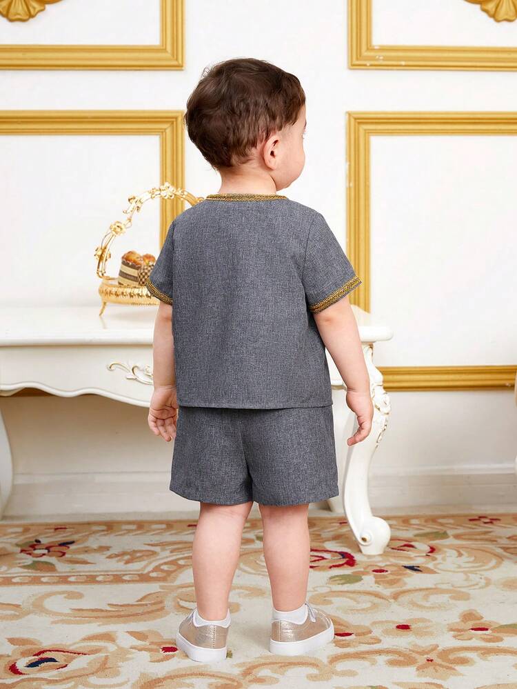 Baby Boy Short Sleeve Patchwork Shirt Elastic Waist Shorts Set