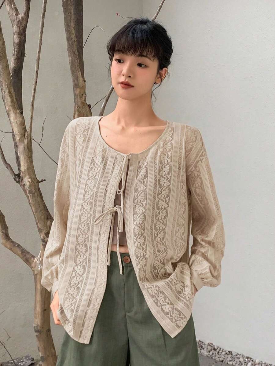 女士前綁帶長袖襯衫 - 卡其色 - 查看 1