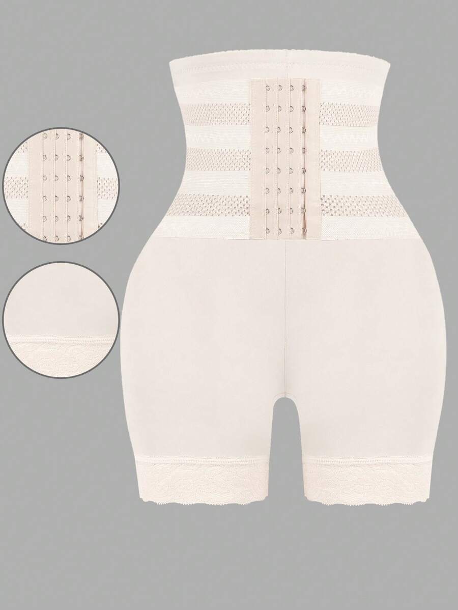 High Waist Hook Eye Front Body Shaping Shorts - Beige - View 1