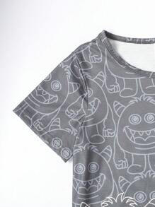 Tween Boys' Cartoon Cute Monster Print Short Sleeve Tee And Pants Comfortable 2pcs Homewear Set - Black - View 3