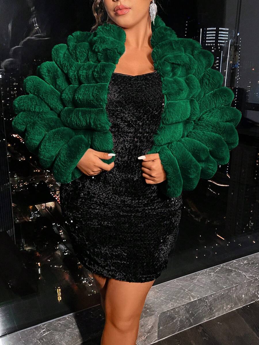 Cravure Plus Size Open Front Fuzzy Coat - Dark Green - View 1