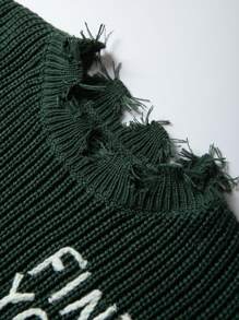 Manfinity Roughcore Men's Distressed Sweater With Letter Embroidery - Dark Green - View 8