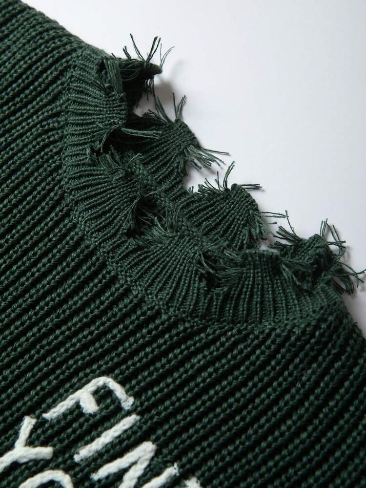 Men's Distressed Sweater With Letter Embroidery