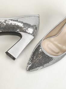 女式寬鞋跟銀色閃亮高跟鞋配厚跟、尖頭,適合婚禮、派對、晚宴、舞會等場合 - 銀色 - 查看 5