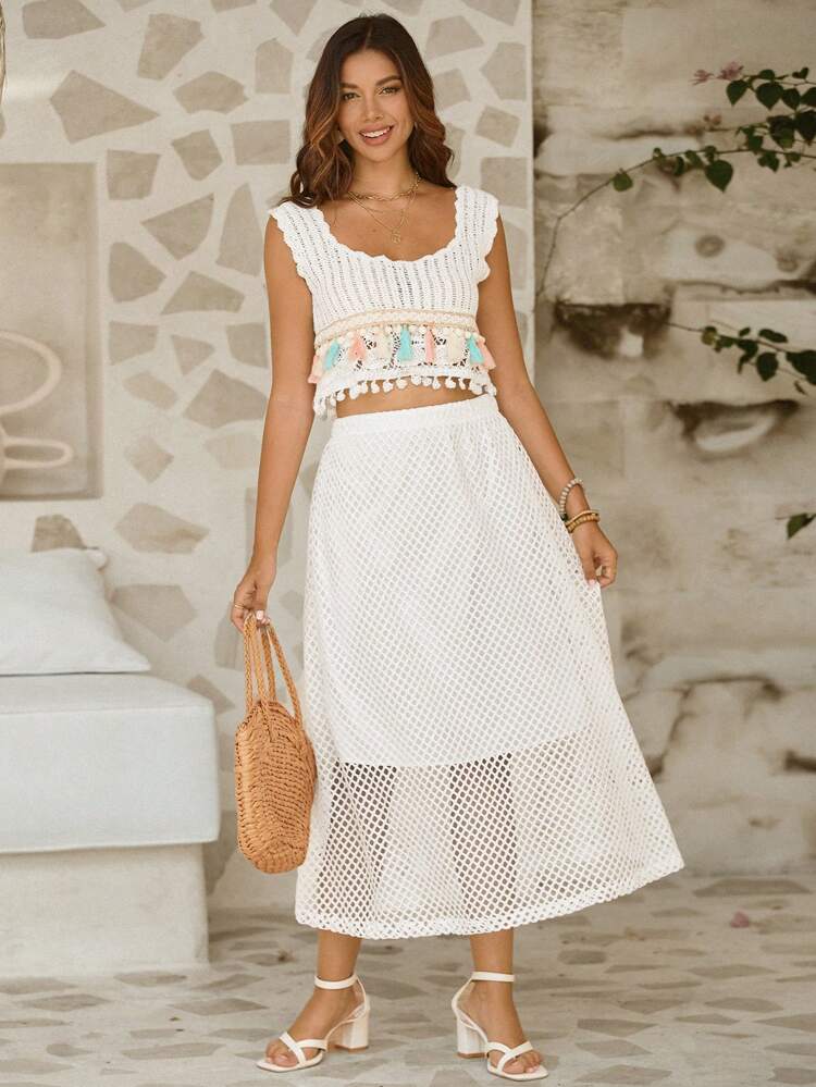 Women's Beach Summer Outfit Fringe Decorated Top, Hollow Out Knit Midi Skirt And Sweater Set