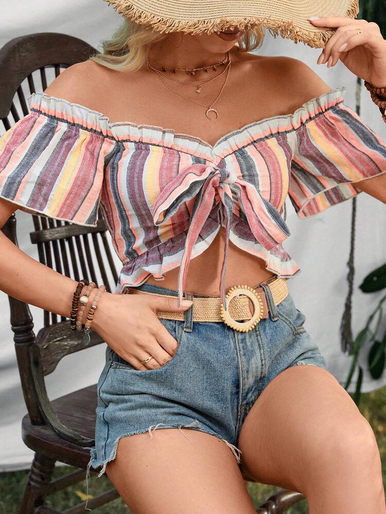 Women'S Off-Shoulder Striped Crop Top With Front Knot