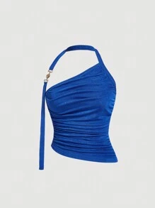 SHEIN MOD Regata Feminina Plissada Com Decote Assimétrico - Azul Royal - Visão 1