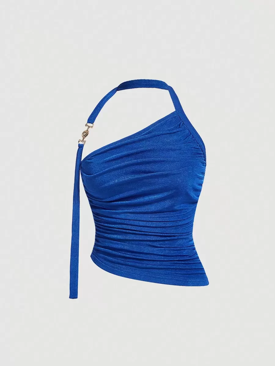SHEIN MOD Regata Feminina Plissada Com Decote Assimétrico - Azul Royal - Visão 1