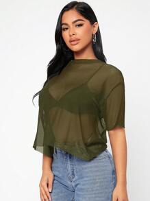 SHEIN PETITE Của phụ nữ Màu thuần Lưới Thả vai Áo - Màu xanh Ô liu - Xem 6