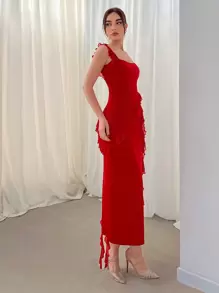 Aloruh Slit Front Valentine's Day Dress With Frill Trim