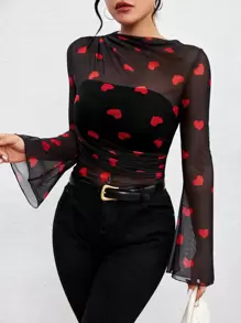 SHEIN LUNE Top De Malla Transparente En Forma De Corazón Con Mangas Acampanadas