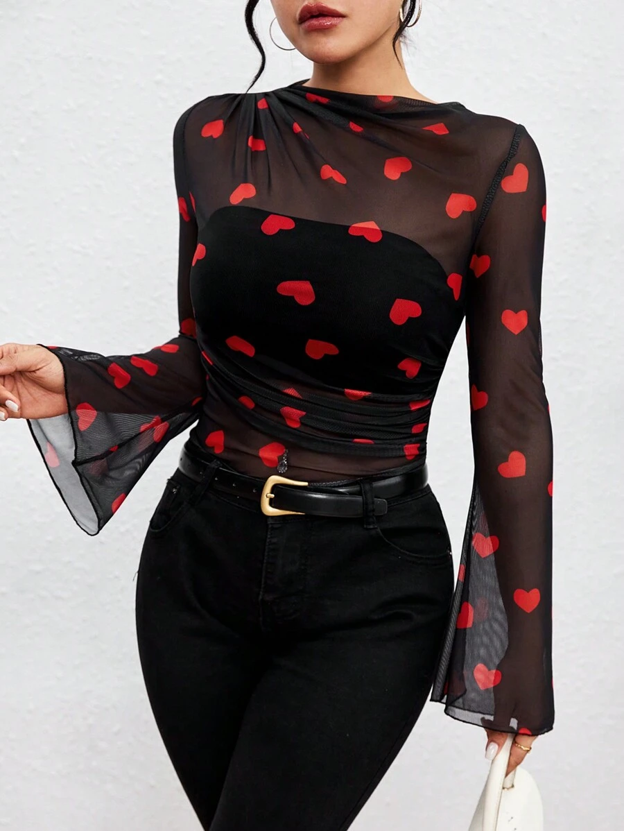 SHEIN LUNE Heart Shaped Sheer Mesh Bell Sleeve Top - Black - View 1
