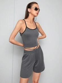SHEINNeu 2pcs/Set Hollow Out Back Spaghetti Strap Tank Top And Shorts - Light Grey - View 5