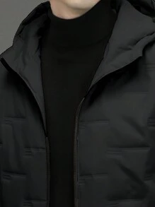 1pc Men's Long Sleeve Solid Color Zip-Up Hooded Padded Coat, For Fall Winter - Black - View 5