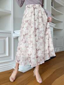 DAZY 女性彈性腰植物圖案裙 - 杏色 - 查看 3