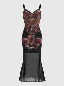 ROMWE Fairycore Plus Size Summer Skull & Flower Printed Mermaid Hem Cami Dress - Black - View 1