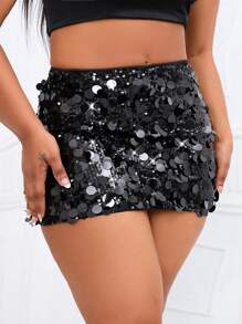 Allurite Plus High Waist Sequin Skirt For Holiday Party Clothes Prom - Black - View 5