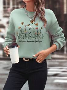 SHEIN EZwear 女士蝴蝶和花卉圖案印花長袖運動衫 - 薄荷綠 - 查看 1