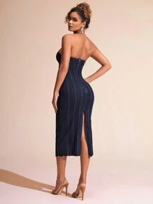 SHEIN BAE 女士無肩帶牛仔連衣裙 - 藍色 - 查看 2