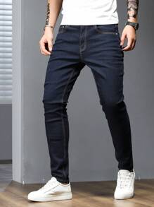 Manfinity Homme 男士大码口袋牛仔裤，纯色深蓝色修身长款深色洗水牛仔裤，洗水工装牛仔裤，适合送给丈夫、男朋友的礼物 - 藍色 - 查看 3