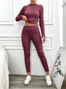 RueChic Women's Stand Collar Cropped T-Shirt And Capri Pants Two Piece Set - Burgundy - View 3