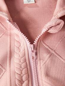 SHEIN Tween 女童針織提花布料拉鍊連帽衫配運動褲套裝 - 粉色 - 查看 6