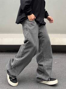 Claim Dot 鬆身男士直筒牛仔褲，寬鬆長版，洗水深色牛仔褲，貨運褲，純素淺灰色，派對復古饒舌風格 - 灰色 - 查看 1