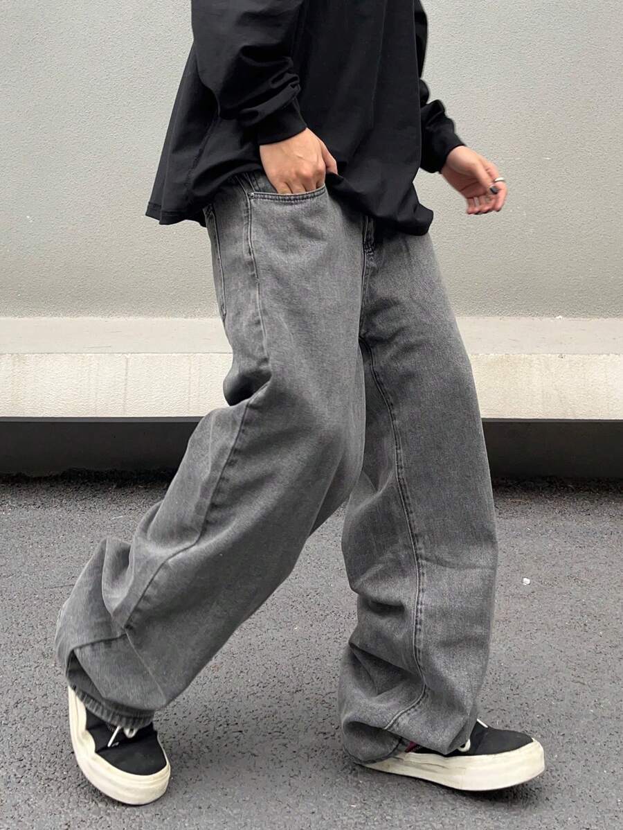Claim Dot 鬆身男士直筒牛仔褲，寬鬆長版，洗水深色牛仔褲，貨運褲，純素淺灰色，派對復古饒舌風格 - 灰色 - 查看 1