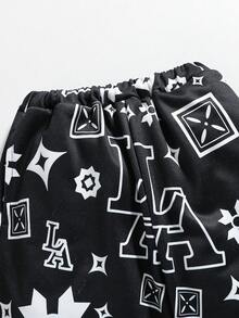 幼童男孩休閒舒適字母印花帽衫和長褲套裝 - 黑色 - 查看 6