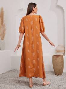 Al Najma Women's Contrast Color Embroidered Applique Puff Sleeve Dress - Orange - View 2