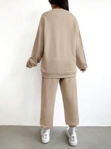 SHEIN Cottnline Letter Graphic Drop Shoulder Sweatshirt & Sweatpants - Camel - View 2