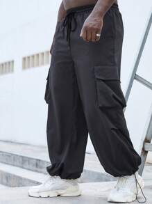 Manfinity Homme Men's Plus Size Loose Pants With Drawstring Waist And Flap Pocket - Dark Grey - View 7