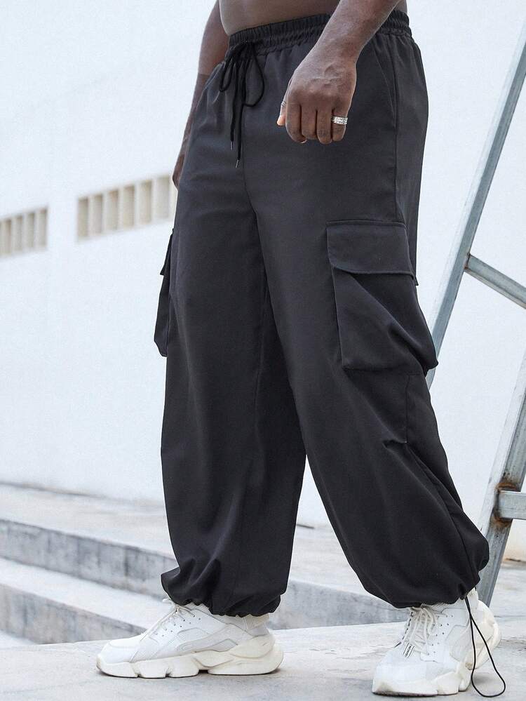 Men's Plus Size Loose Pants With Drawstring Waist And Flap Pocket