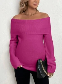 SHEIN Maternity Off-Shoulder Long Sleeve Sweater, For Winter - Hot Pink - View 6