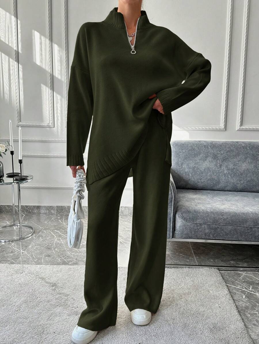 EURMUSE Zipper Half-Opened Collar Long Sleeve Sweater And Knitted Pants Two Piece Set - Khaki - View 1